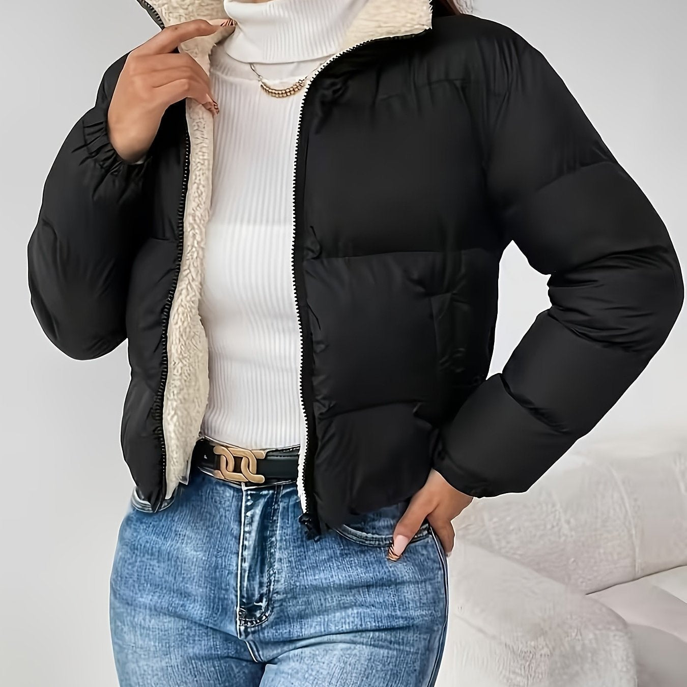 Veste d'automne-hiver pour femmes, nouvelle collection, col montant noir, courte, doublée en polaire, zippée, mode, coupe pain épaisse, idéale pour toutes les tenues — 6