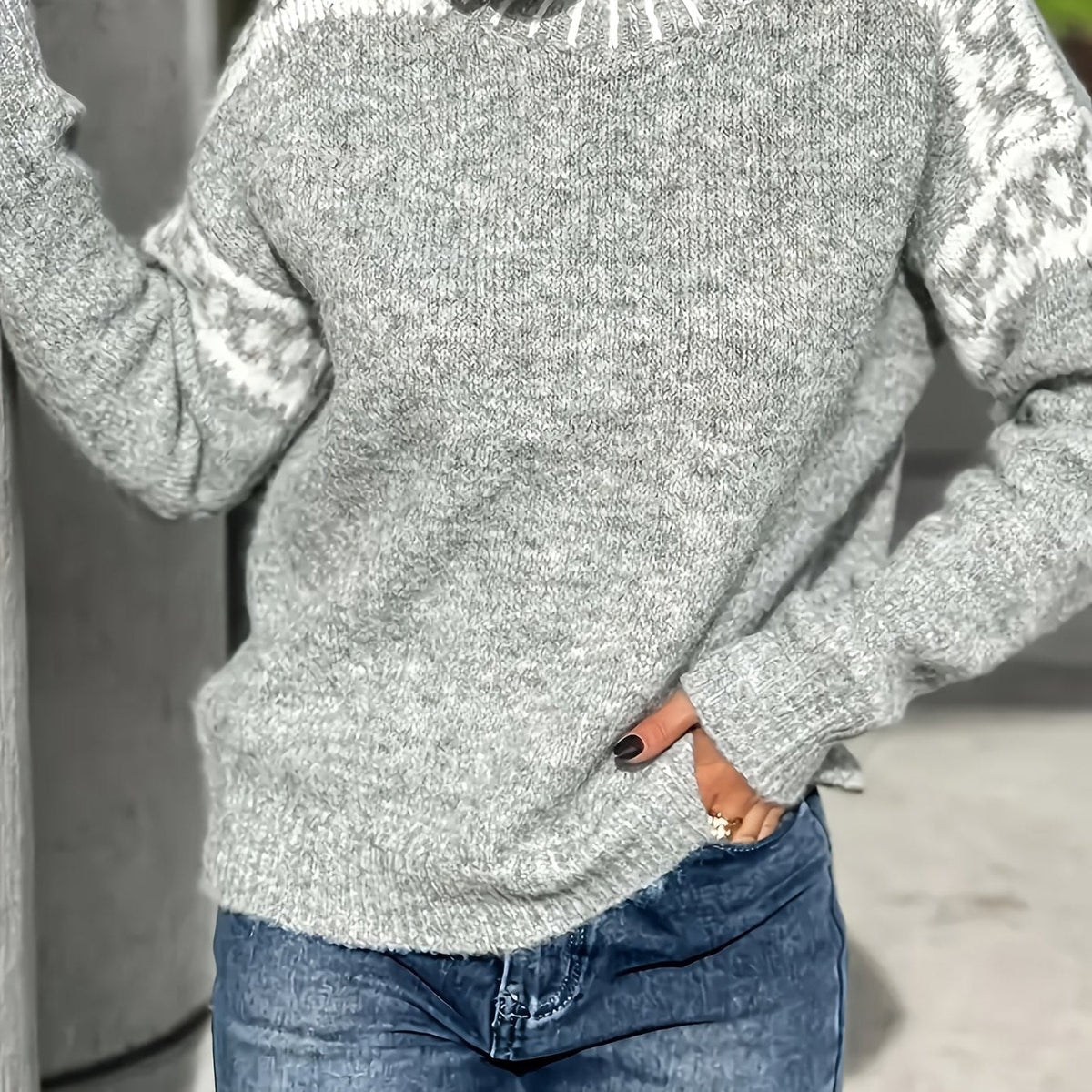 Plein d'ambiance ! Nouveau pull gris demi-col roulé de printemps/automne avec motif jacquard, doux et sophistiqué — 12