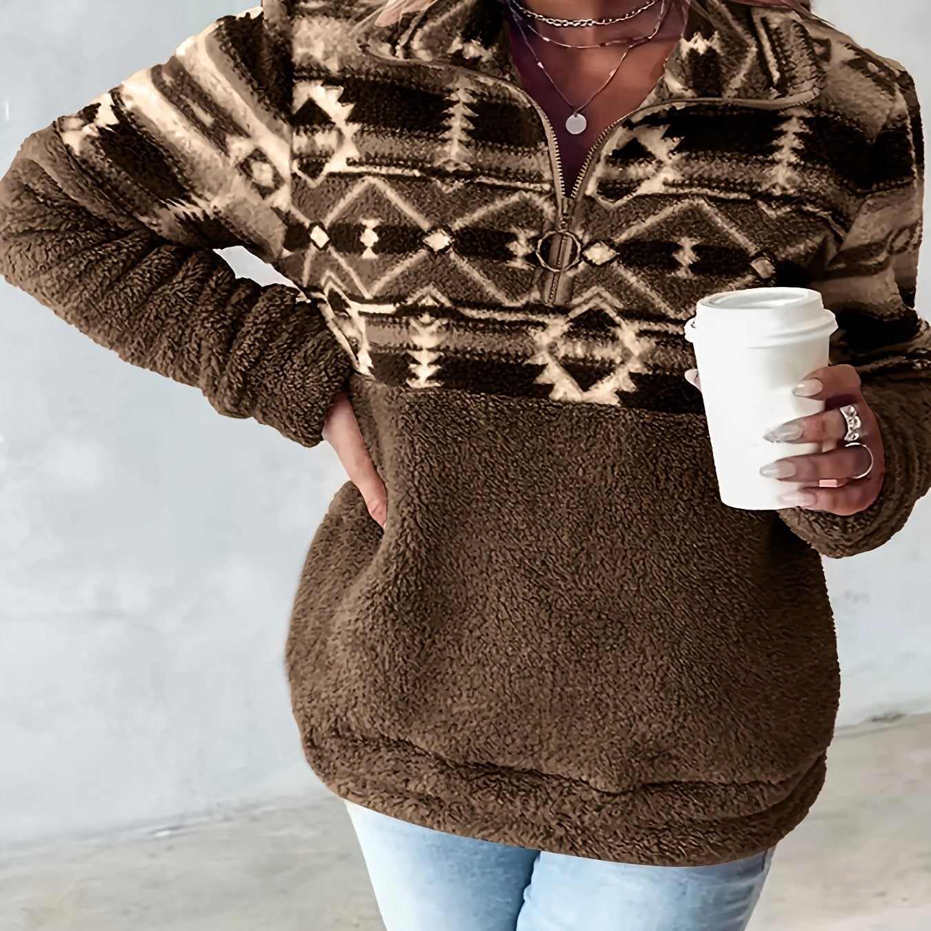 Sweat-shirt Teddy à demi-fermeture éclair à motif géométrique, sweat-shirt décontracté à manches longues pour l'automne et l'hiver, vêtements pour femmes — 13