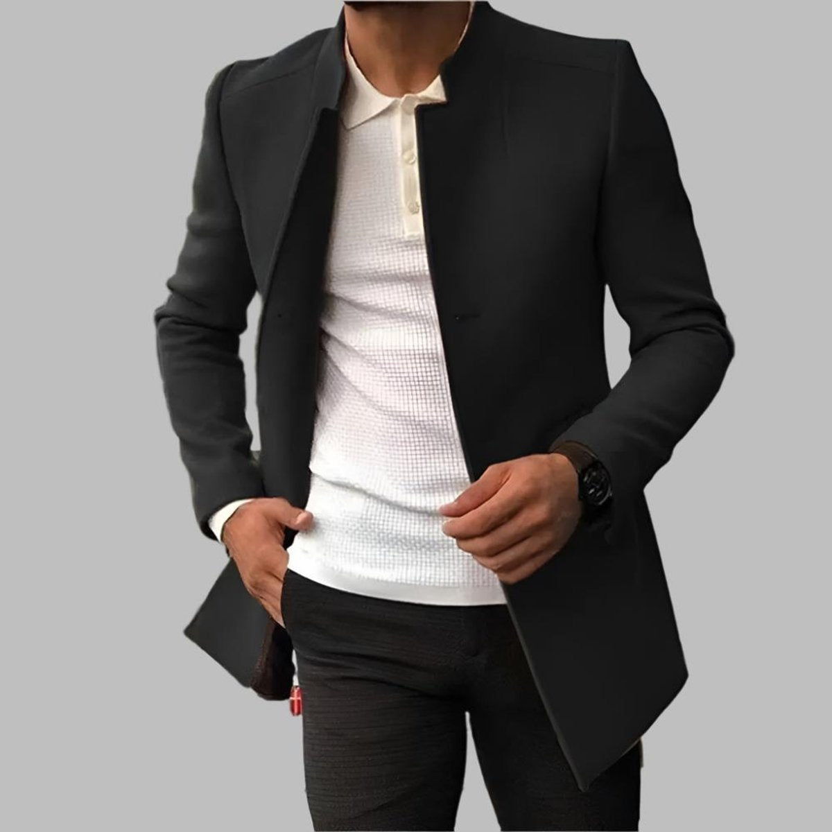 Alexander | Manteau en laine pour homme, coupe slim sans col, ouvert à l'avant — 5