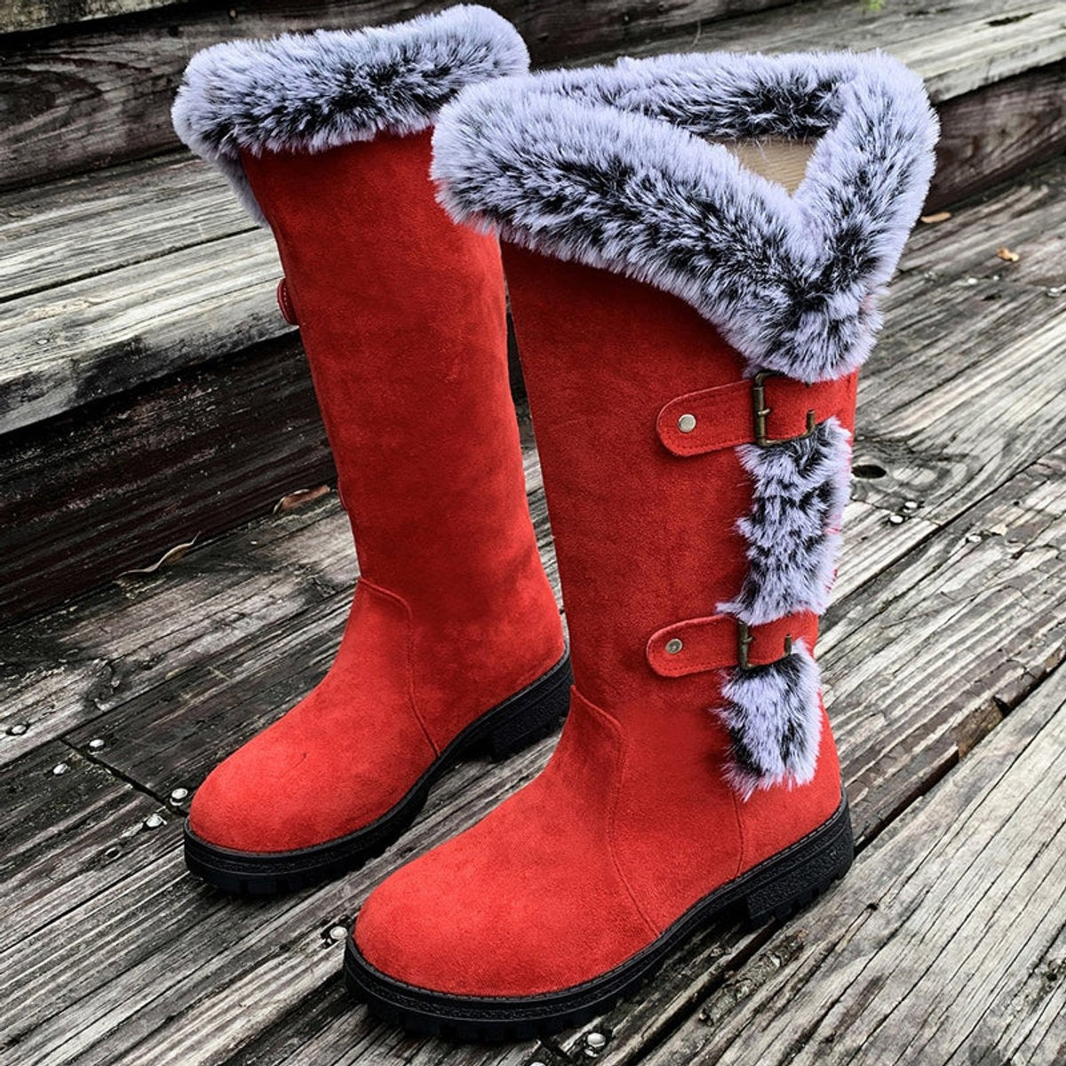 Harper | Women's Faux-Suede Fur-Trim Buckle Knee High Boots — 11