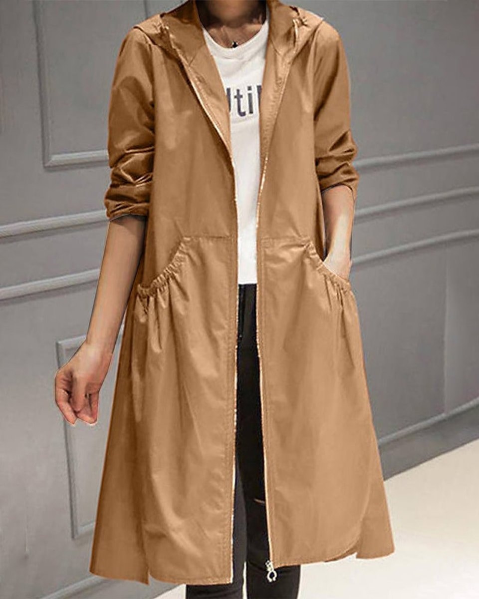 Penelope | Women's Hooded Waterproof Long Trench Coat Zip-Up Relaxed Fit — 6