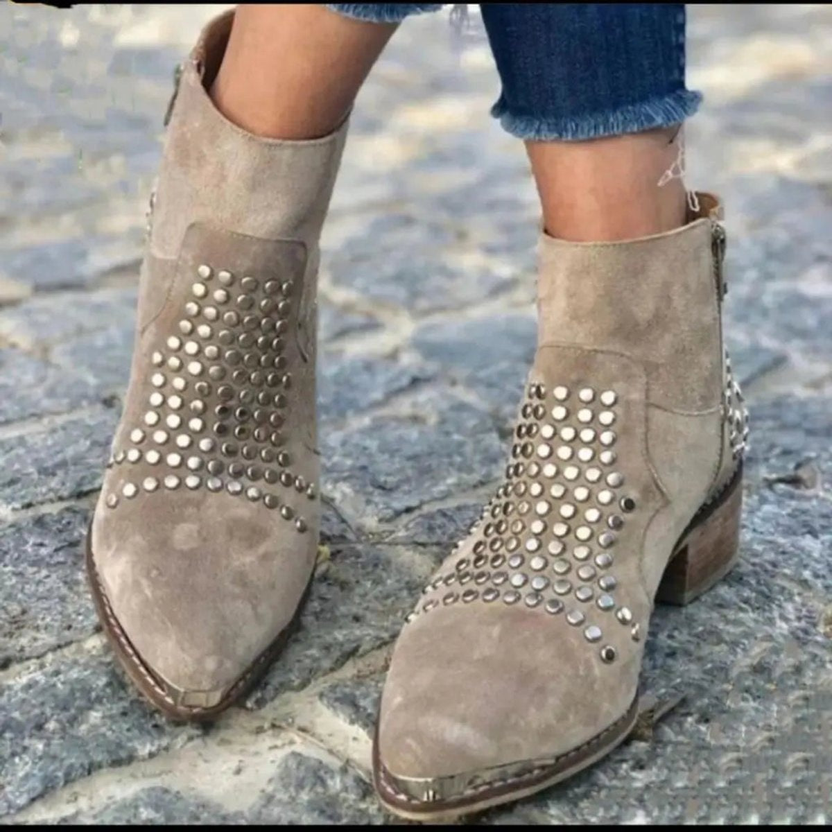 Evelyn | Women's Studded Suede Side-Zip Block-Heel Ankle Boots — 4