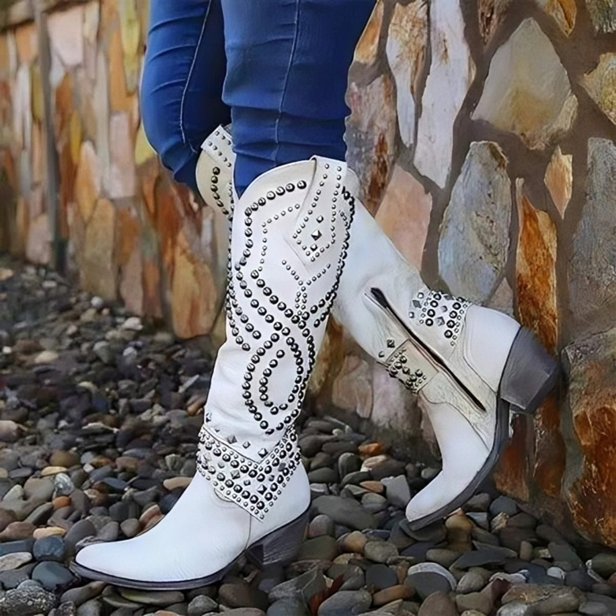 Victoria | Women's Studded Western Knee High Boots Block Heel Pointed Toe — 5