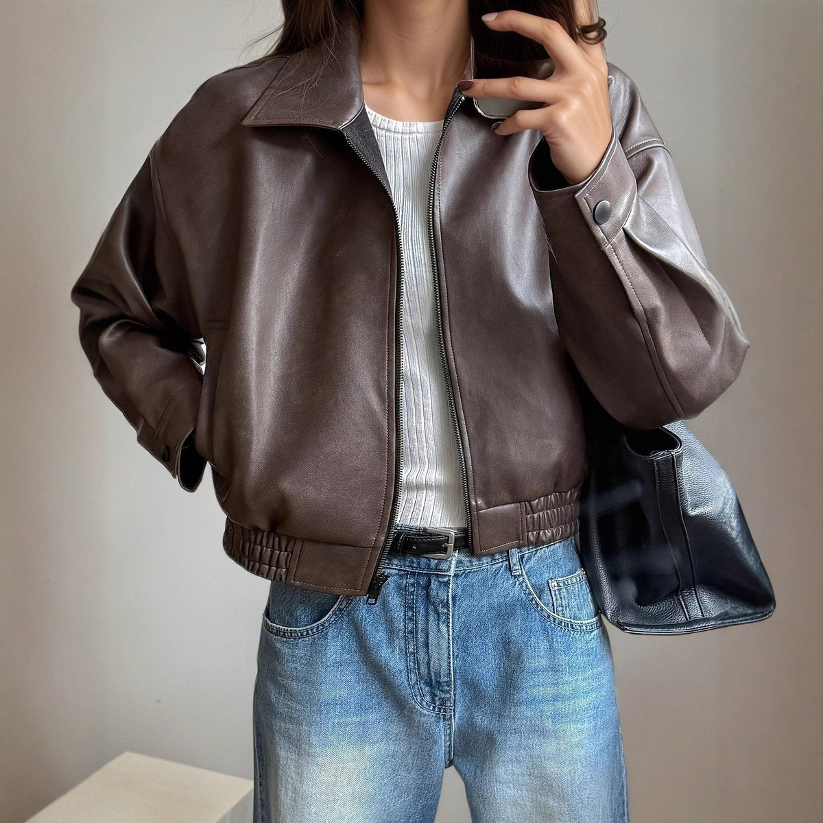 Penelope | Women's Zip-Up Faux Leather Bomber Jacket Long Sleeve — 2