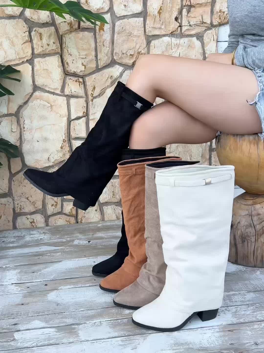 Bottes de cowboy vintage western pour femmes, bottes de monte à talons épais et bout rond, bottes longues rétro décontractées, bottes amples plissées et gonflées, bottes amples sur la jambe, chaussures pour femmes — 15