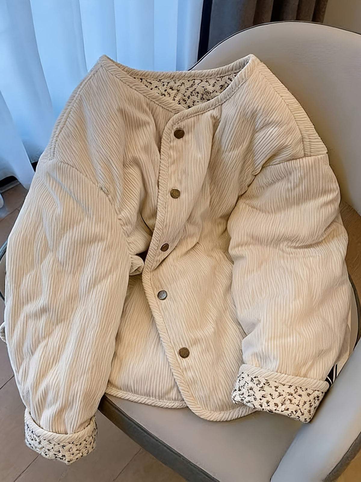 Manteau matelassé imprimé floral beige, manteau matelassé à manches longues pour automne/hiver, veste décontractée lavable en machine sans ceinture, idéal pour un usage quotidien et loisirs, manteau matelassé chaud et confortable — 5