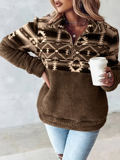 Sweat-shirt Teddy à demi-fermeture éclair à motif géométrique, sweat-shirt décontracté à manches longues pour l'automne et l'hiver, vêtements pour femmes — 1
