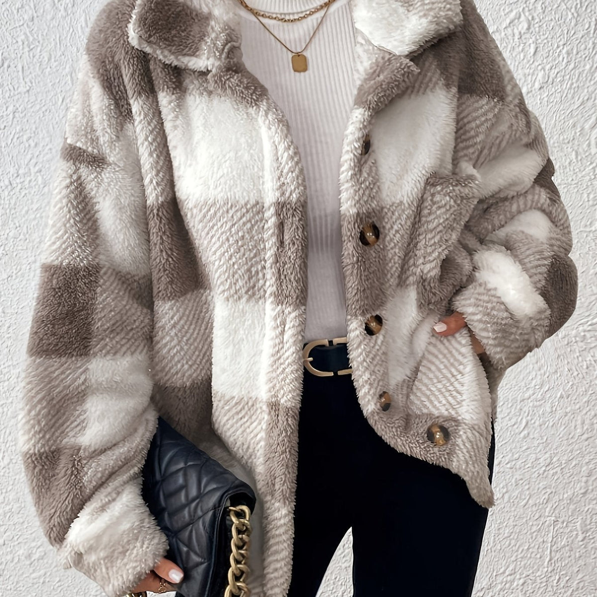 Veste élégante décontractée à carreaux en peluche avec boutons, idéale pour le quotidien en automne et en hiver — 17