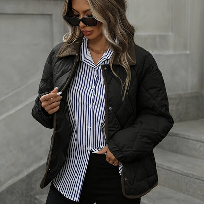 Haut tendance à motif losange pour femme, manteau court matelassé à un seul boutonnage et à col en patchwork pour femme, nouvelle arrivée hiver 2024, liant et ruban de liant, couleur contrastée, vêtement d'extérieur adapté aux petites tailles, manteau mat — 13