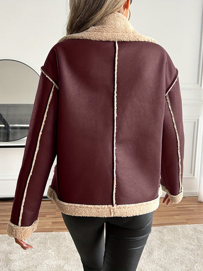 Veste de moto élégante pour femme avec doublure en fausse fourrure - Design bicolore marron et beige avec boutons dorés, poches et bretelles ajustables, parfaite pour l'automne/hiver, veste d'hiver | Tenue d'hiver élégante | Veste doublée en fausse fourru — 5