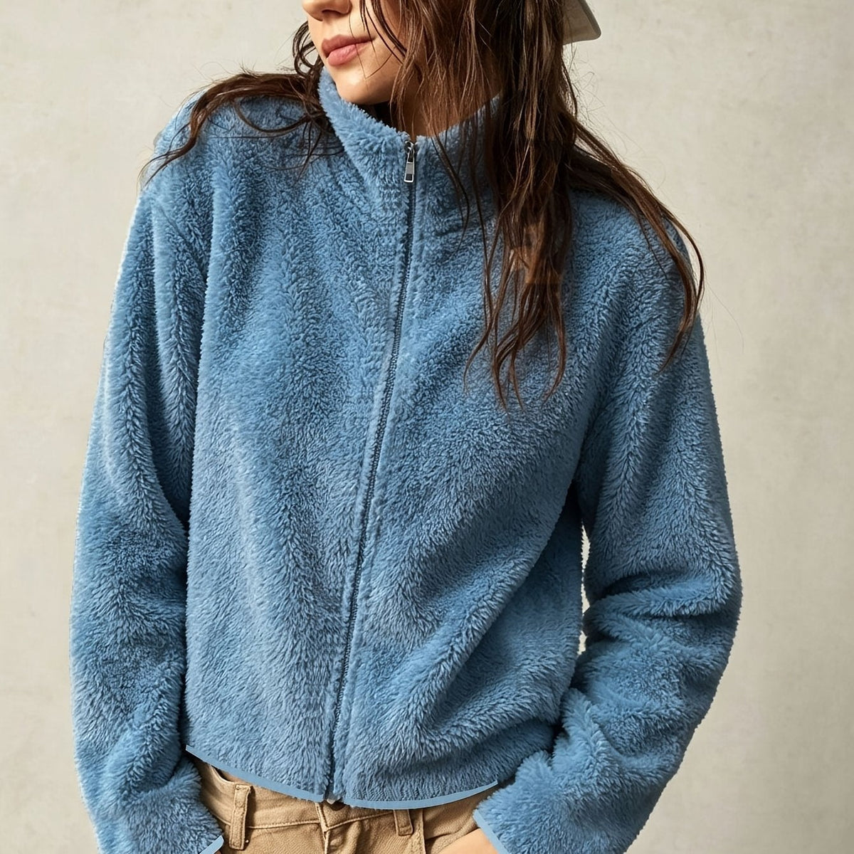 Manteau Épais en Peluche Zippé Slim pour Femmes, Vêtement d'Extérieur Chaud d'Automne à Col Rond Uni pour les Trajets et les Voyages — 11