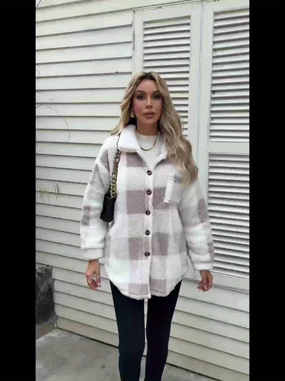 Veste élégante décontractée à carreaux en peluche avec boutons, idéale pour le quotidien en automne et en hiver — 12