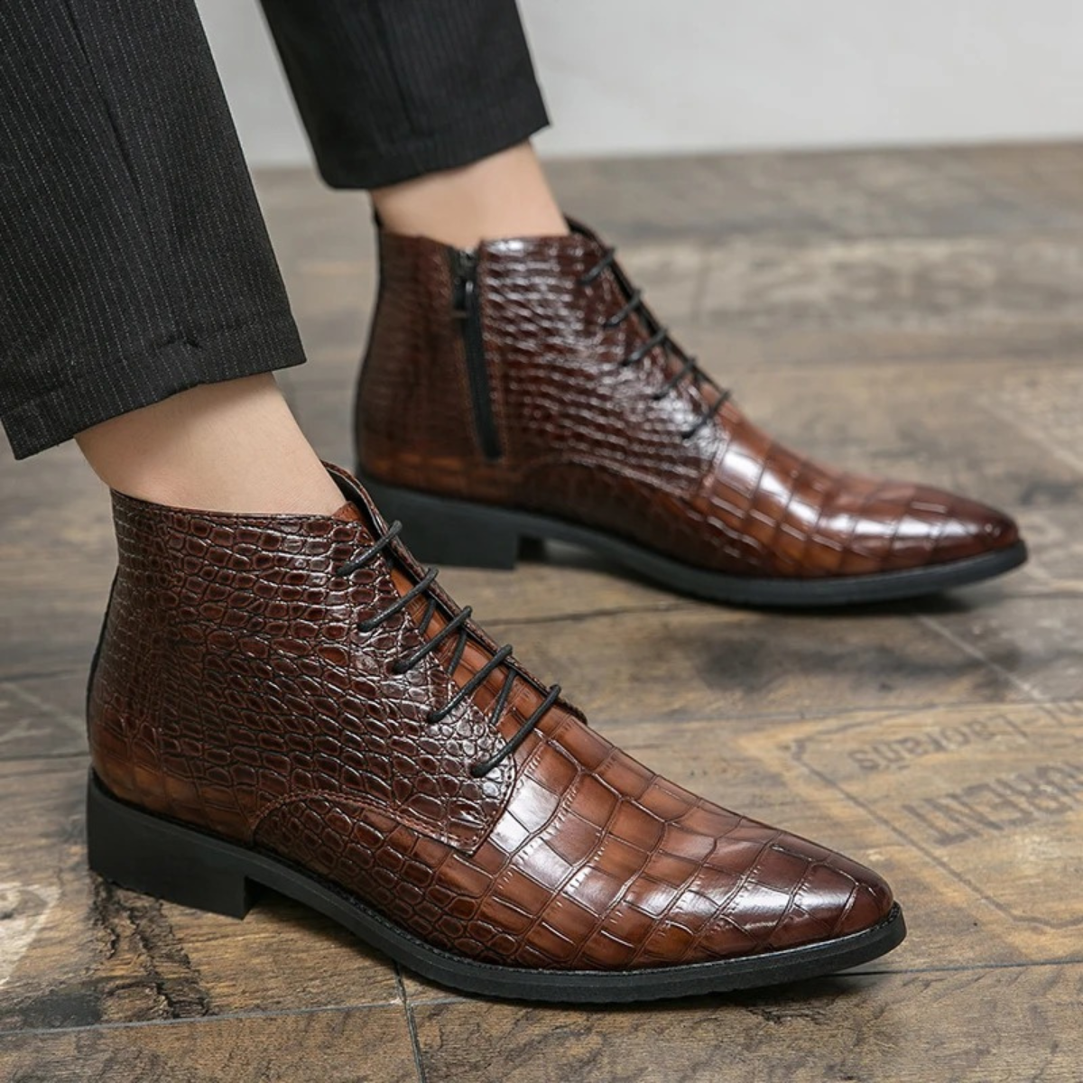 The Orvieto Men’s Crocodile Pattern Leather Ankle Boots - Brown — 2