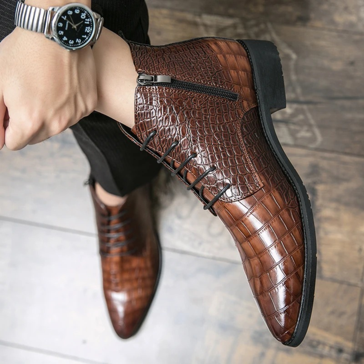 The Orvieto Men’s Crocodile Pattern Leather Ankle Boots - Brown — 3