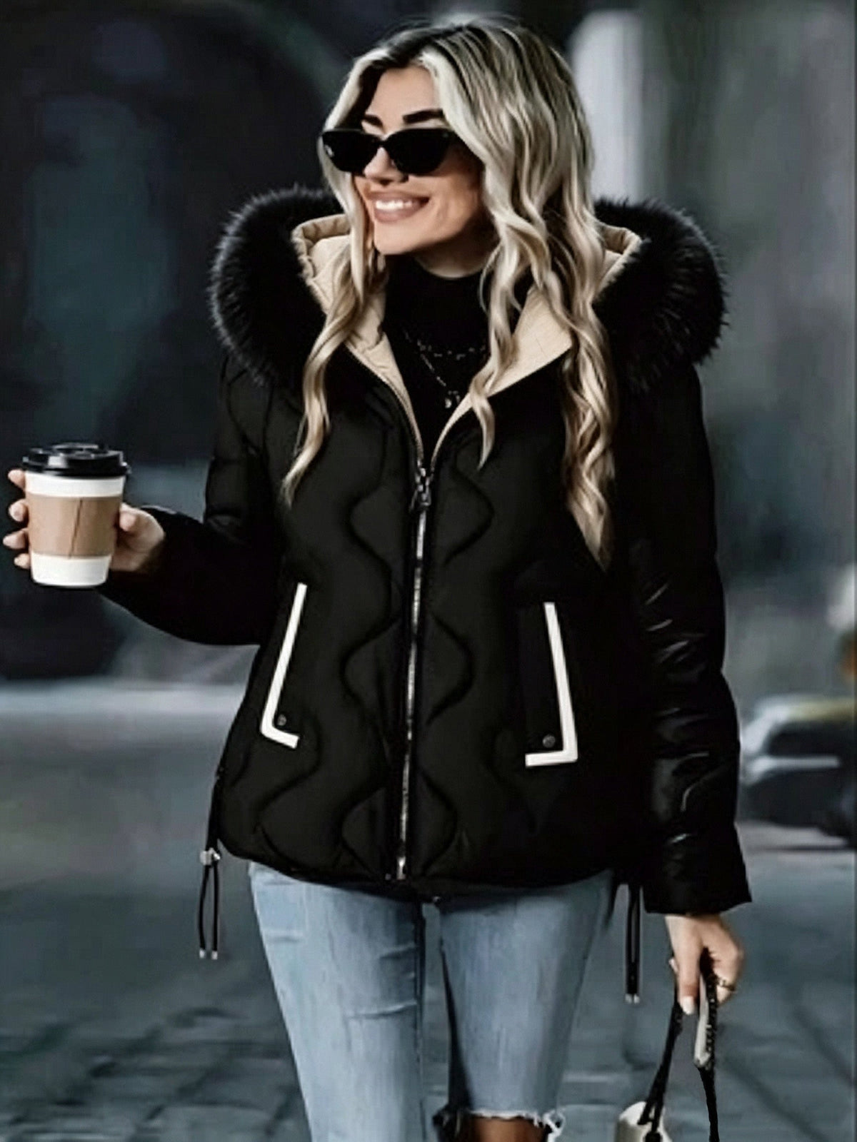 Veste matelassée ondulée, nouveau style automne-hiver, manteau chaud à col surdimensionné, haut décontracté pour femmes avec poche color-block, col amovible et rembourrage isolant matelassé, facile pour l'hiver à -10°C, coupe-vent et rétention de chaleur, — 3