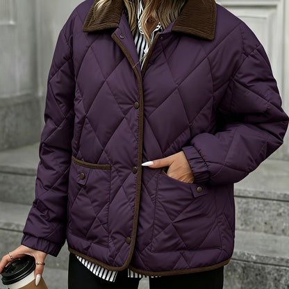 Haut tendance à motif losange pour femme, manteau court matelassé à un seul boutonnage et à col en patchwork pour femme, nouvelle arrivée hiver 2024, liant et ruban de liant, couleur contrastée, vêtement d'extérieur adapté aux petites tailles, manteau mat — 17