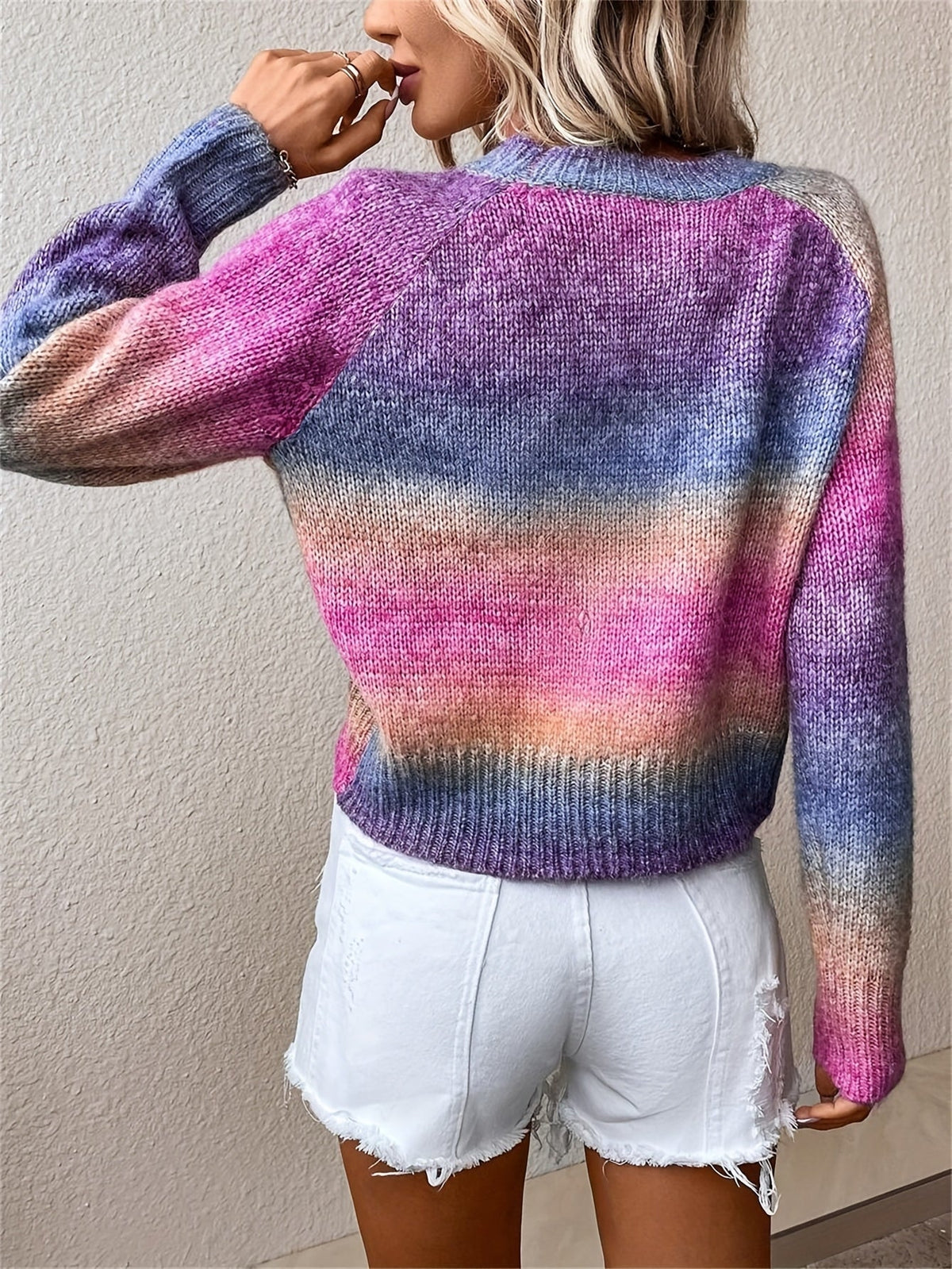 Pull à col rond dégradé, élégant pull à manches raglan pour l'automne et l'hiver, vêtements pour femmes — 2