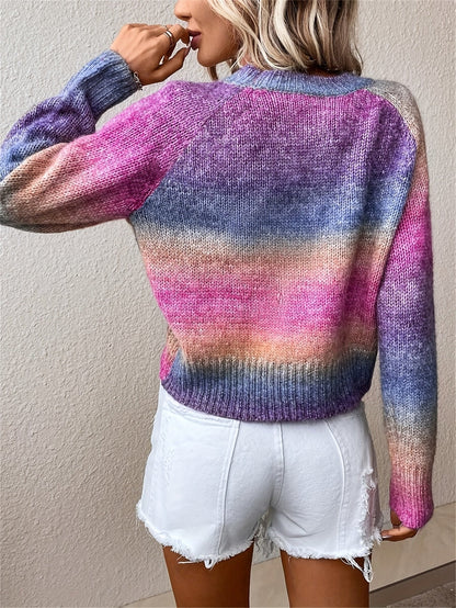 Pull à col rond dégradé, élégant pull à manches raglan pour l'automne et l'hiver, vêtements pour femmes — 2