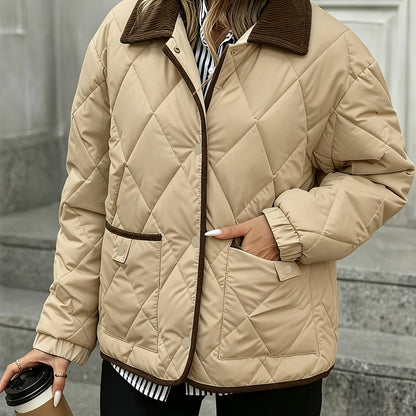 Haut tendance à motif losange pour femme, manteau court matelassé à un seul boutonnage et à col en patchwork pour femme, nouvelle arrivée hiver 2024, liant et ruban de liant, couleur contrastée, vêtement d'extérieur adapté aux petites tailles, manteau mat — 18