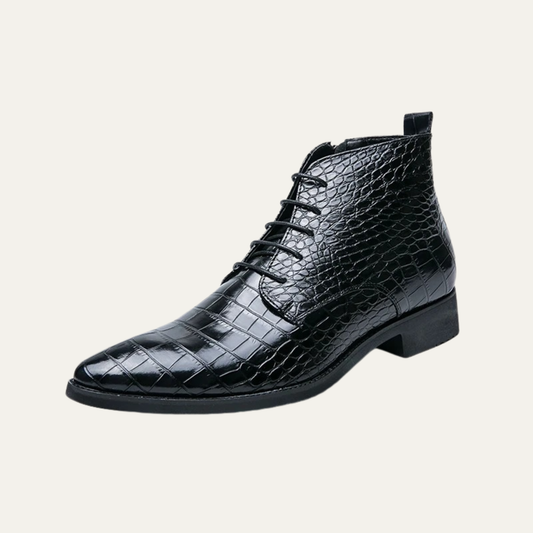 The Stromboli Men’s Crocodile Pattern Leather Ankle Boots - Black — 1