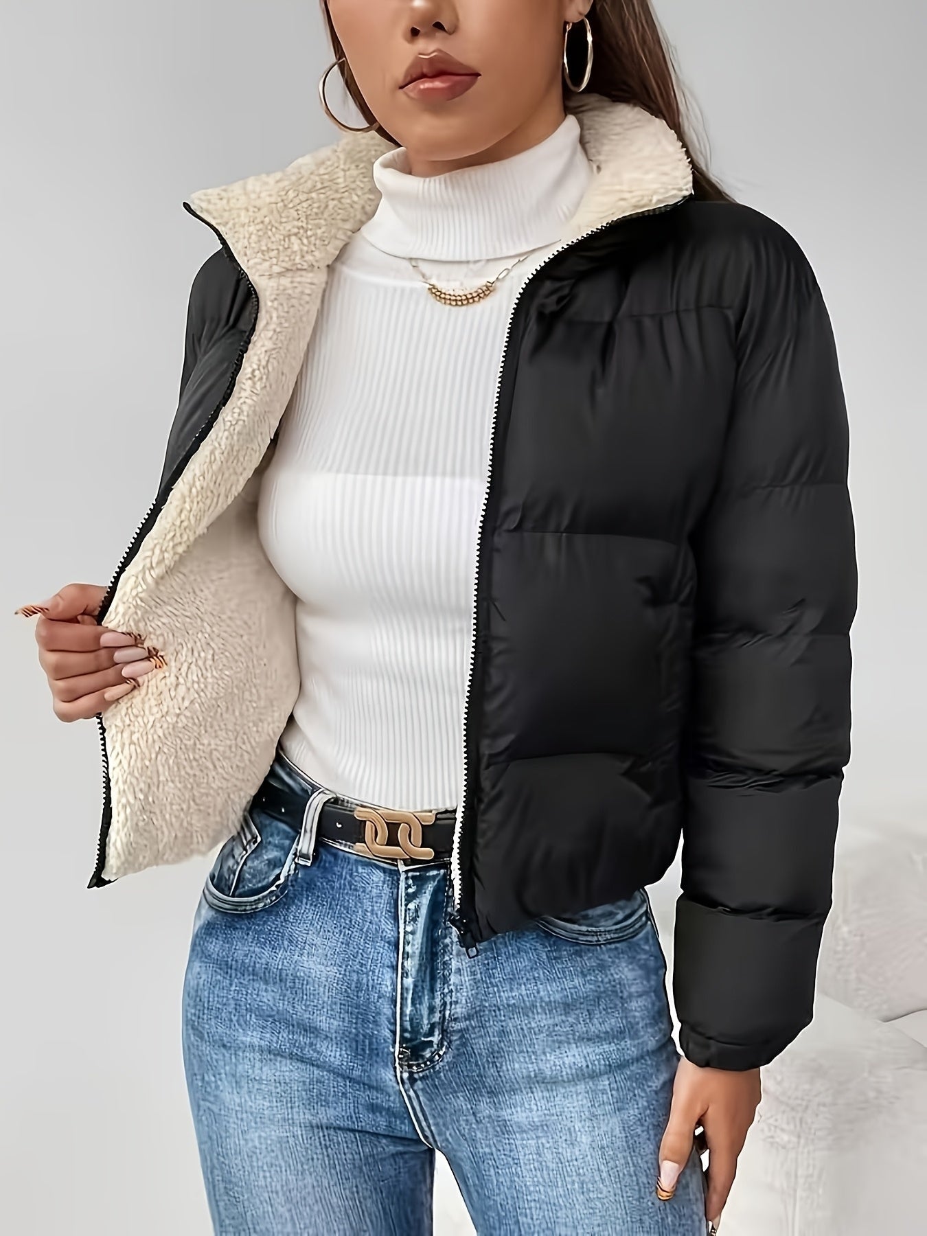 Veste d'automne-hiver pour femmes, nouvelle collection, col montant noir, courte, doublée en polaire, zippée, mode, coupe pain épaisse, idéale pour toutes les tenues — 4