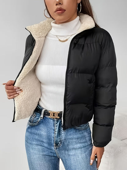 Veste d'automne-hiver pour femmes, nouvelle collection, col montant noir, courte, doublée en polaire, zippée, mode, coupe pain épaisse, idéale pour toutes les tenues — 4