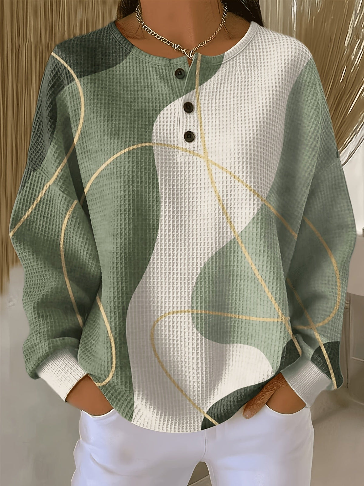 Sweat à manches longues pour femme, motif géométrique tendance style urbain, col rond, coupe régulière, haut décontracté pour tous les jours, style printemps automne hiver — 1