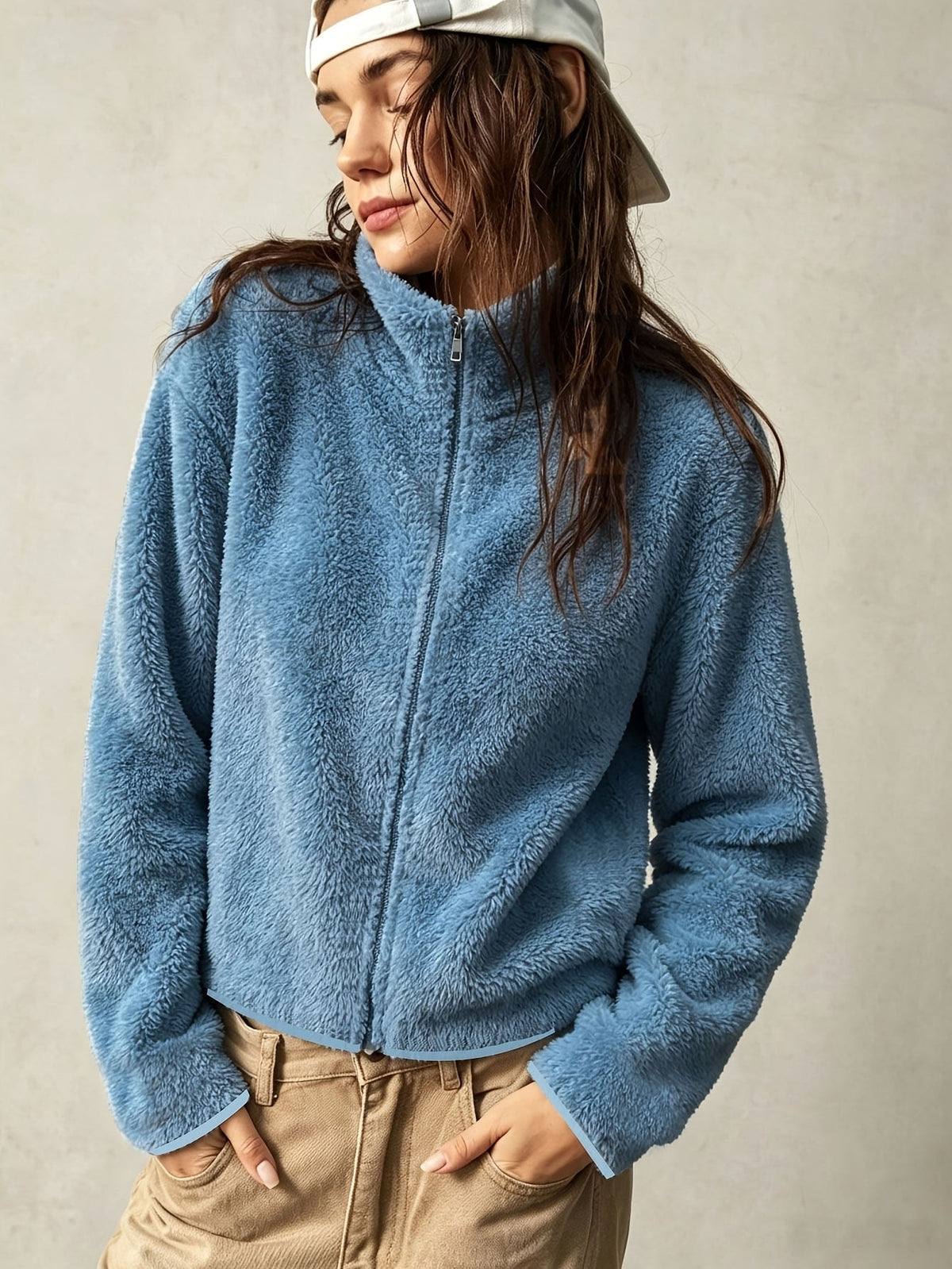 Manteau Épais en Peluche Zippé Slim pour Femmes, Vêtement d'Extérieur Chaud d'Automne à Col Rond Uni pour les Trajets et les Voyages — 1