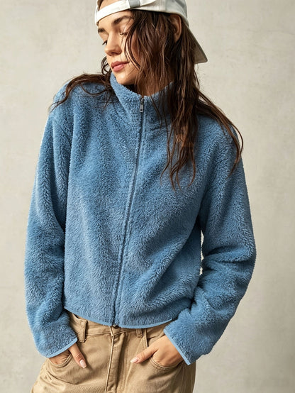 Manteau Épais en Peluche Zippé Slim pour Femmes, Vêtement d'Extérieur Chaud d'Automne à Col Rond Uni pour les Trajets et les Voyages — 1