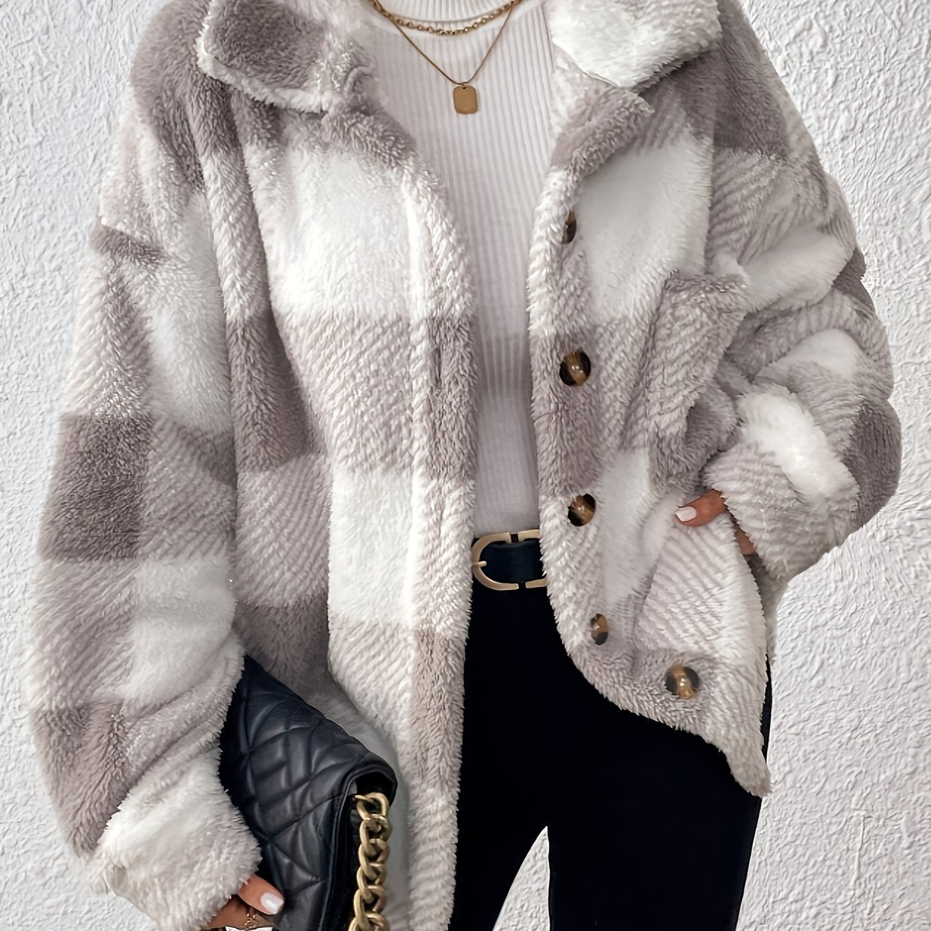 Veste élégante décontractée à carreaux en peluche avec boutons, idéale pour le quotidien en automne et en hiver — 13