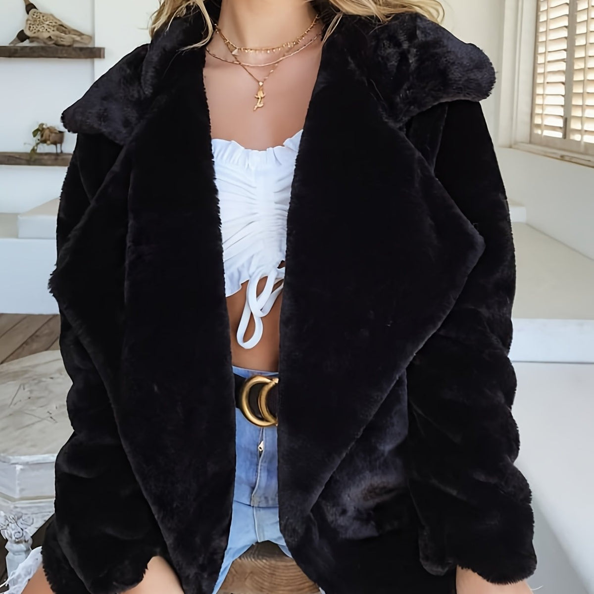 Manteau d'extérieur chaud à manches longues pour femmes, col à revers, mode automne-hiver — 12