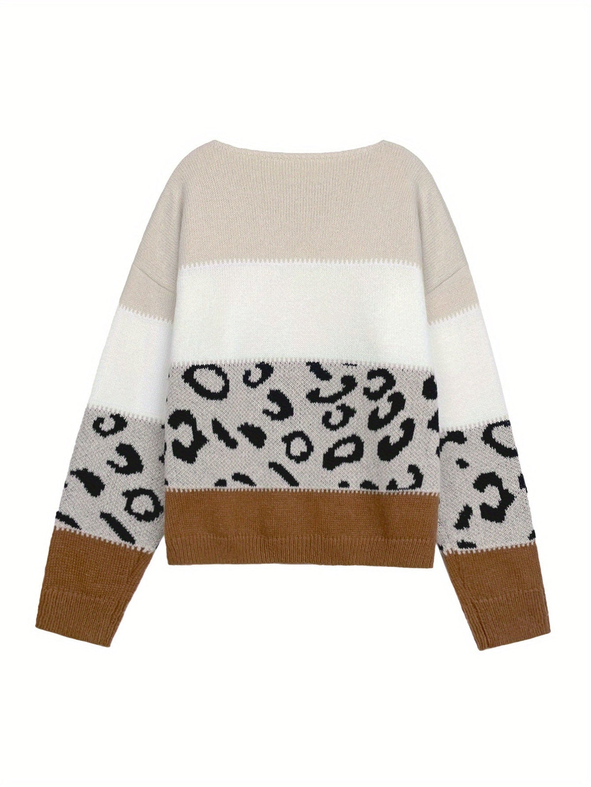 Pull Femme Automne Hiver Imprimé Léopard Color Block Épaules Dénudées Manches Longues Ample Élégant Décontracté — 9