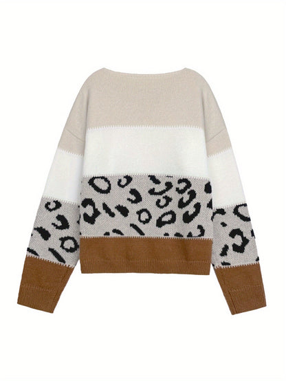 Pull Femme Automne Hiver Imprimé Léopard Color Block Épaules Dénudées Manches Longues Ample Élégant Décontracté — 9