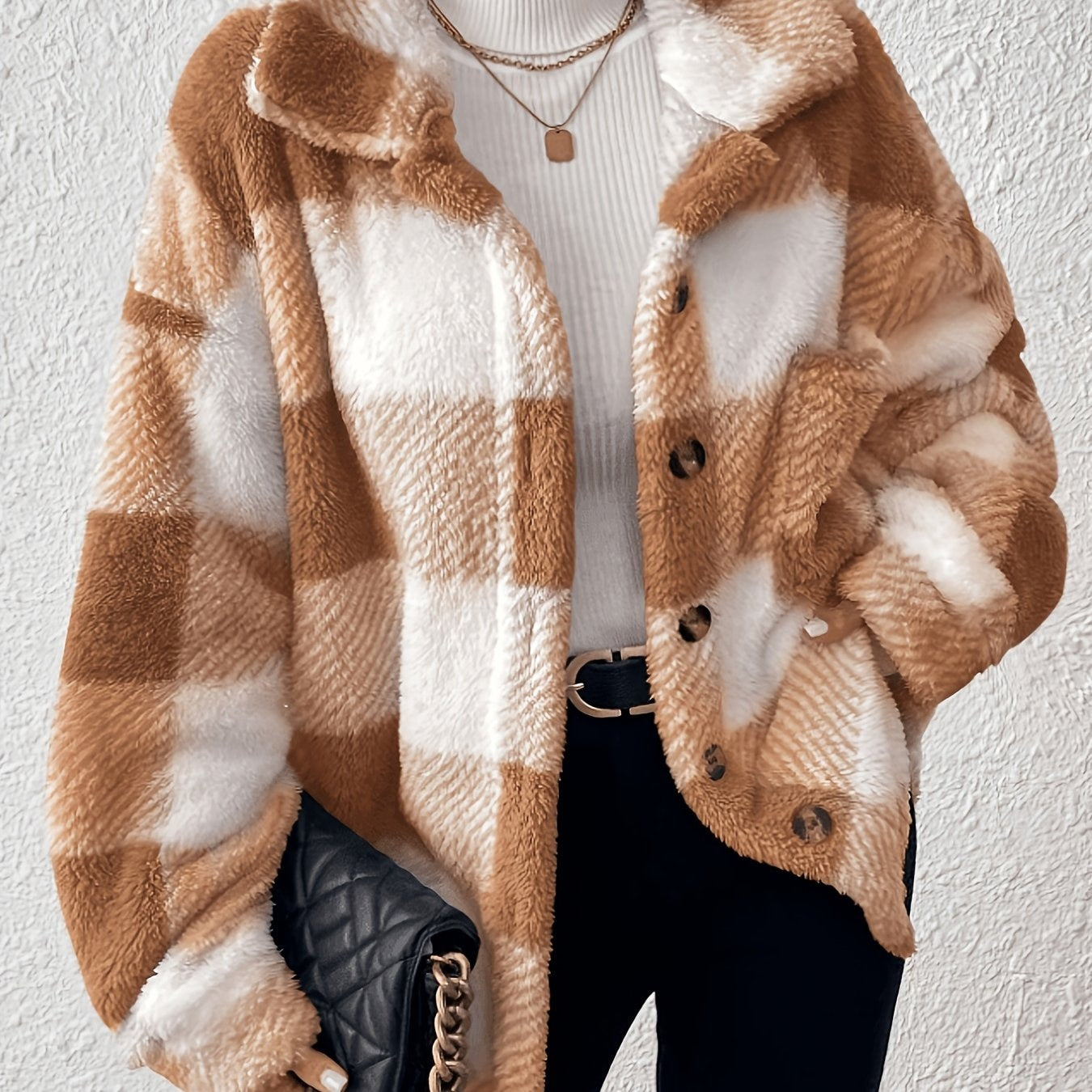 Veste élégante décontractée à carreaux en peluche avec boutons, idéale pour le quotidien en automne et en hiver — 20