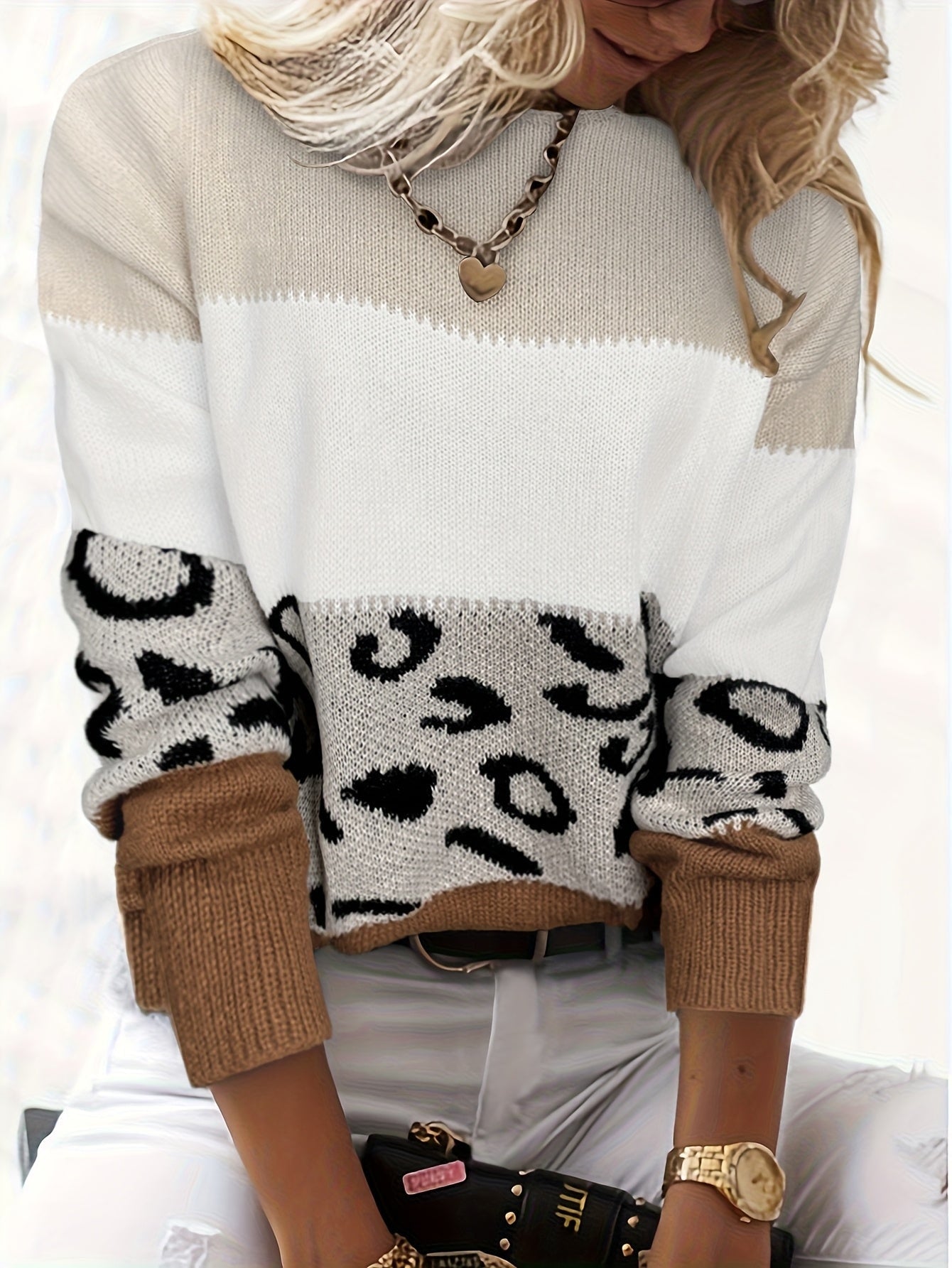Pull Femme Automne Hiver Imprimé Léopard Color Block Épaules Dénudées Manches Longues Ample Élégant Décontracté — 2