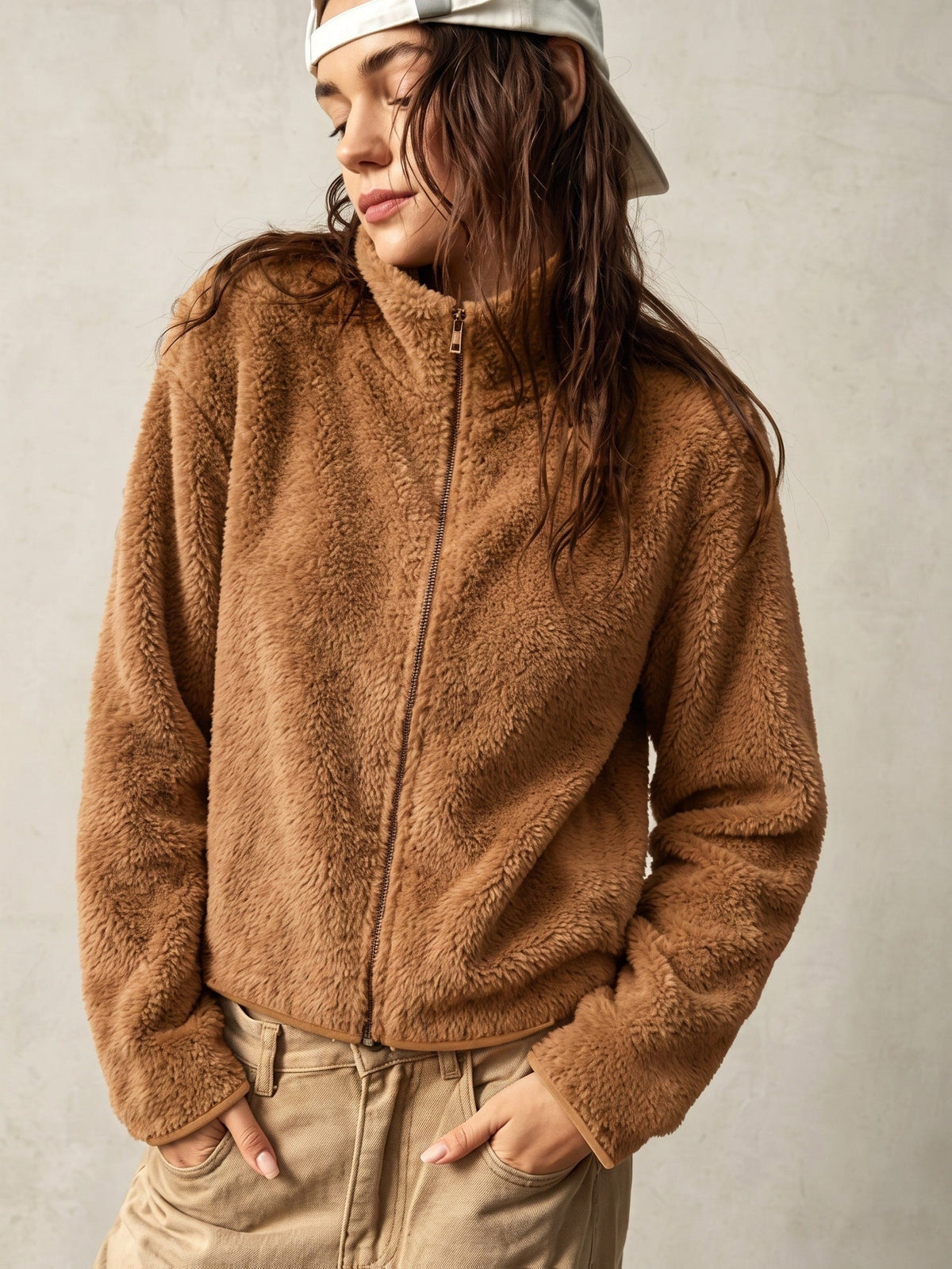 Manteau Épais en Peluche Zippé Slim pour Femmes, Vêtement d'Extérieur Chaud d'Automne à Col Rond Uni pour les Trajets et les Voyages — 4