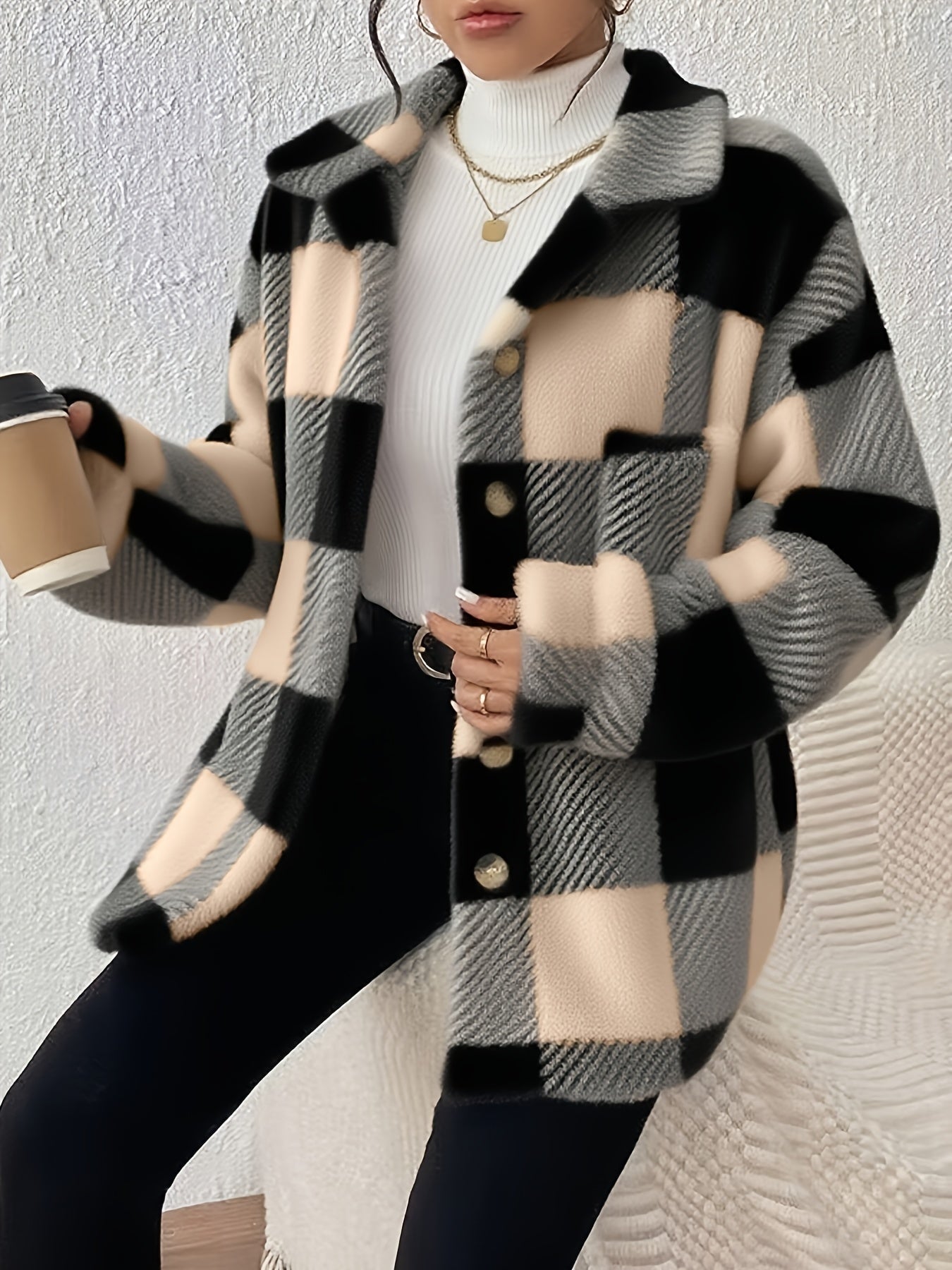 Veste élégante décontractée à carreaux en peluche avec boutons, idéale pour le quotidien en automne et en hiver — 1