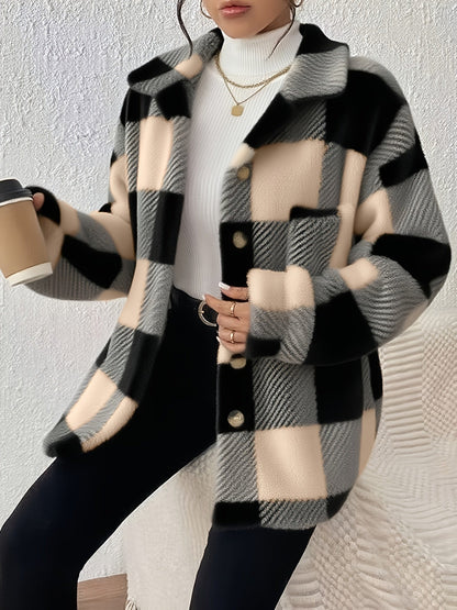 Veste élégante décontractée à carreaux en peluche avec boutons, idéale pour le quotidien en automne et en hiver — 1