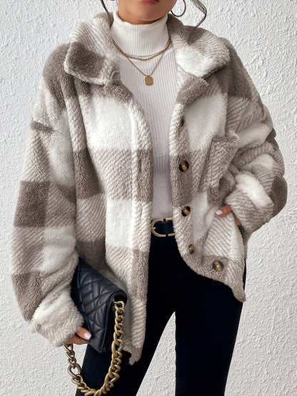 Veste élégante décontractée à carreaux en peluche avec boutons, idéale pour le quotidien en automne et en hiver — 5