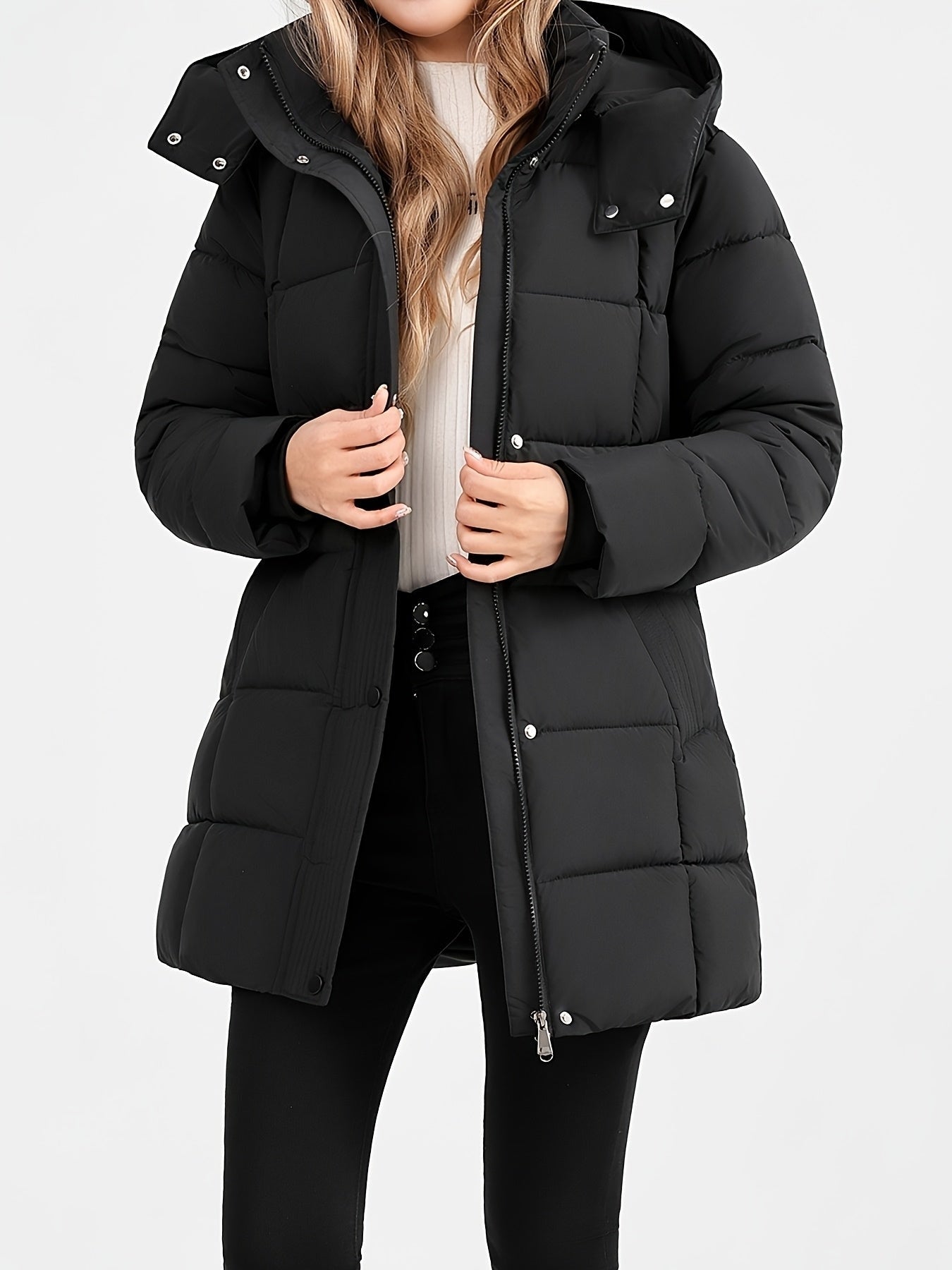 Nouveau manteau d'hiver rembourré pour femmes, mode élégant, coupe slim, idéal pour le bureau, les trajets quotidiens, cadeau de Noël, veste avec grande capuche côtelée - Vêtement d'extérieur rembourré — 4