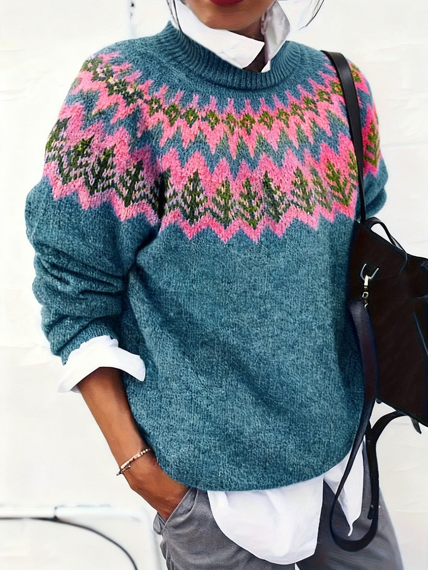 Pull à manches longues pour femme, à la mode, en jacquard à blocs de couleur — 2