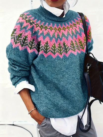 Pull à manches longues pour femme, à la mode, en jacquard à blocs de couleur — 2