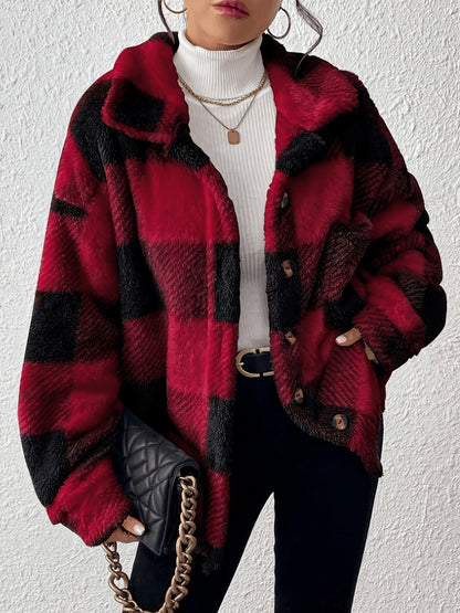 Veste élégante décontractée à carreaux en peluche avec boutons, idéale pour le quotidien en automne et en hiver — 8