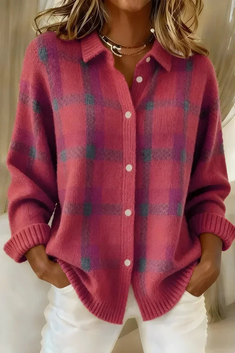 Margaux | Chemise en Maille Boutonnée à Manches Longues pour Femme - Carreaux Rose