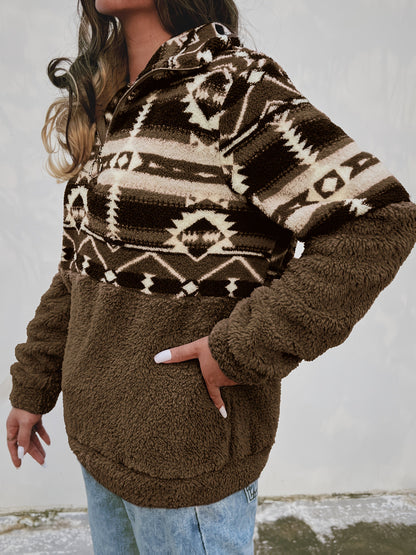 Sweat-shirt Teddy à demi-fermeture éclair à motif géométrique, sweat-shirt décontracté à manches longues pour l'automne et l'hiver, vêtements pour femmes — 10