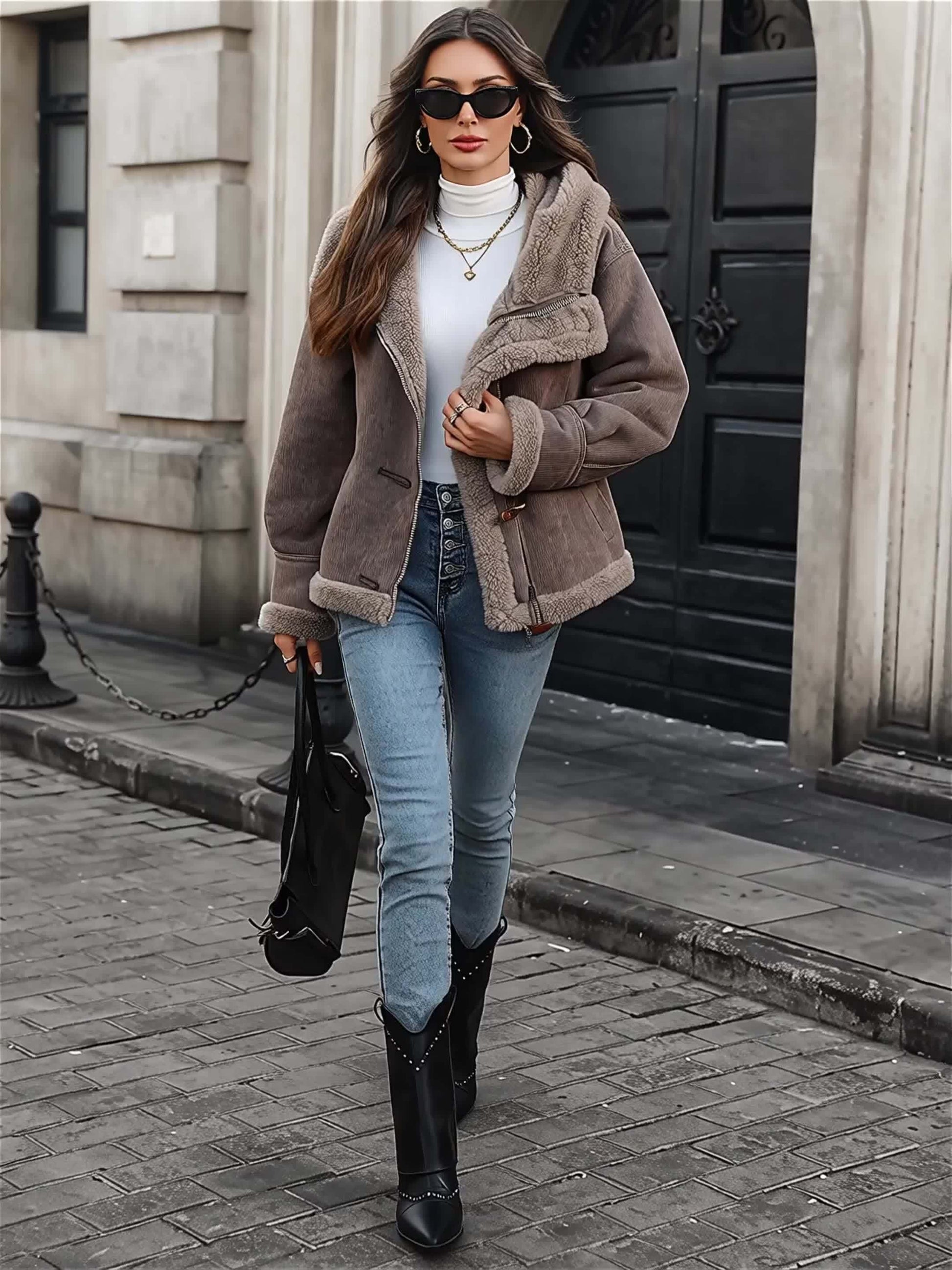 Veste d'automne-hiver pour femme, couleur café rétro, à capuche, en similicuir de velours et patchwork, avec poche à bouton, chaude et idéale pour les trajets quotidiens et les sorties. — 7