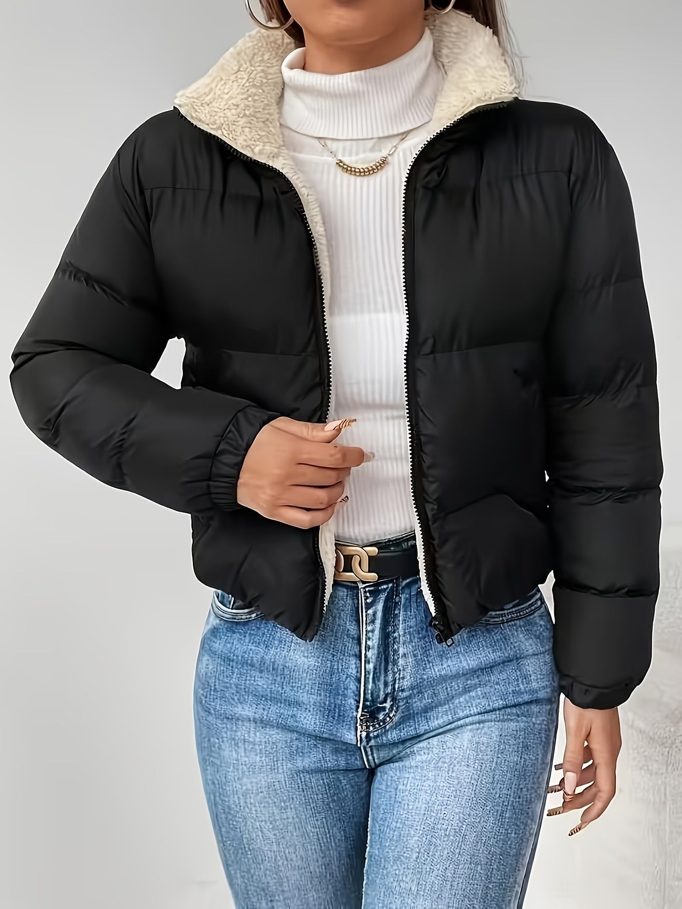 Veste d'automne-hiver pour femmes, nouvelle collection, col montant noir, courte, doublée en polaire, zippée, mode, coupe pain épaisse, idéale pour toutes les tenues — 3