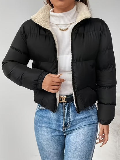 Veste d'automne-hiver pour femmes, nouvelle collection, col montant noir, courte, doublée en polaire, zippée, mode, coupe pain épaisse, idéale pour toutes les tenues — 3
