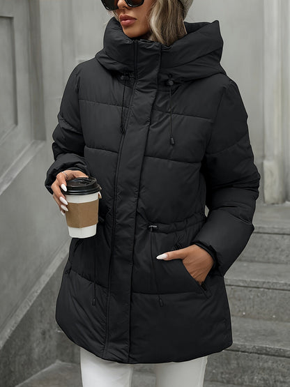 Manteau épais à capuche mi-longe pour femmes, couleur unie, ceinture réglable élégante et tendance, manteau trench chaud et décontracté à bouton unique sur la poche zippée, adapté pour l'automne et l'hiver, manteau long à manches bouffantes — 5